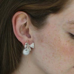 Mirit Weinstock Silver Bow and Pearl Earrings